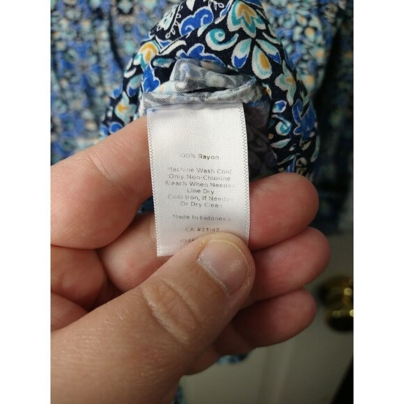 Talbots Blue Artsy Tie Collared Button Front Roll Tab Sleeve Blouse. Size MP - Picture 9 of 10